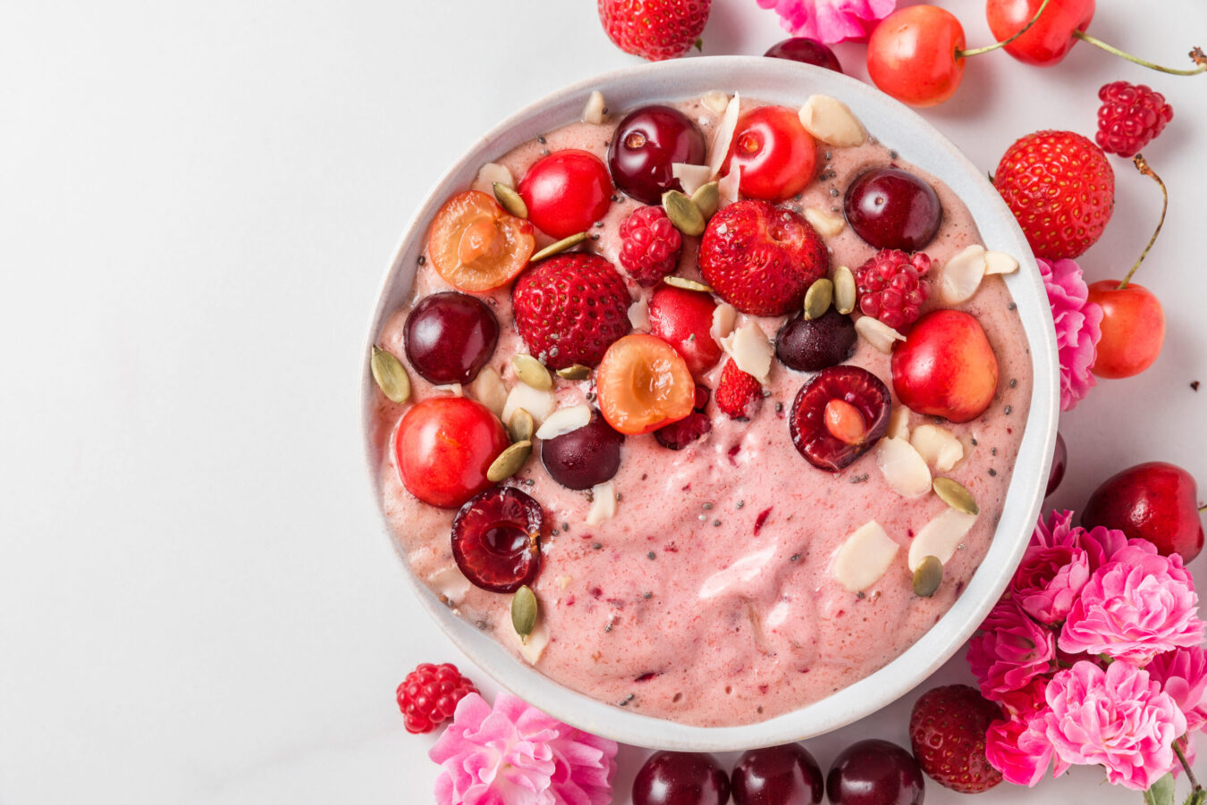 Healthy breakfast food bowl diet featuring fruit punch vegan protein