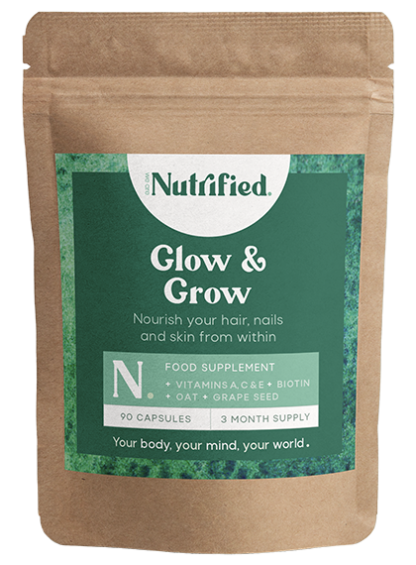 Vegan glow and grow supplement helps nourish hair, skin and nails