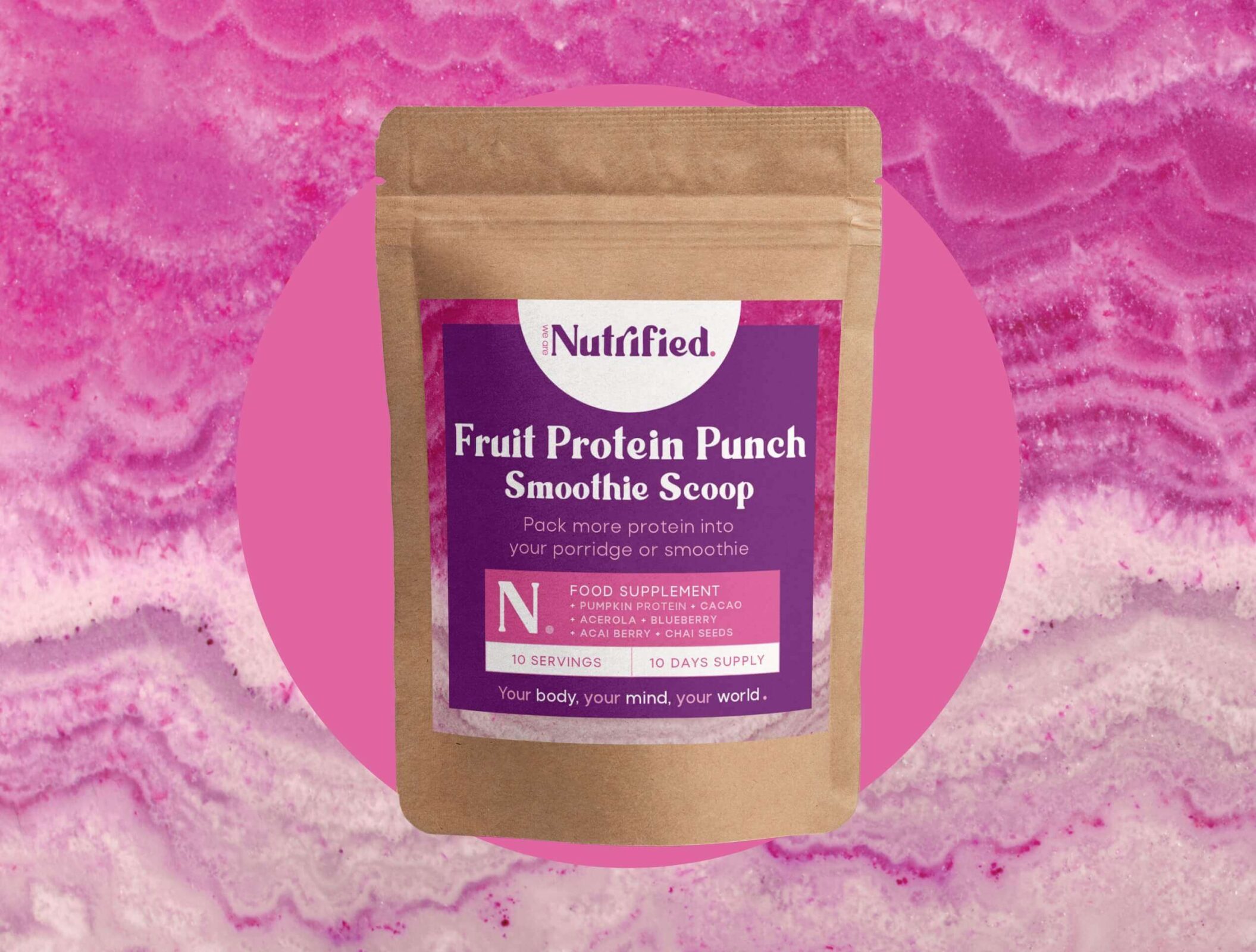 Fruit Protein Punch Supplement Pouch front on pink background