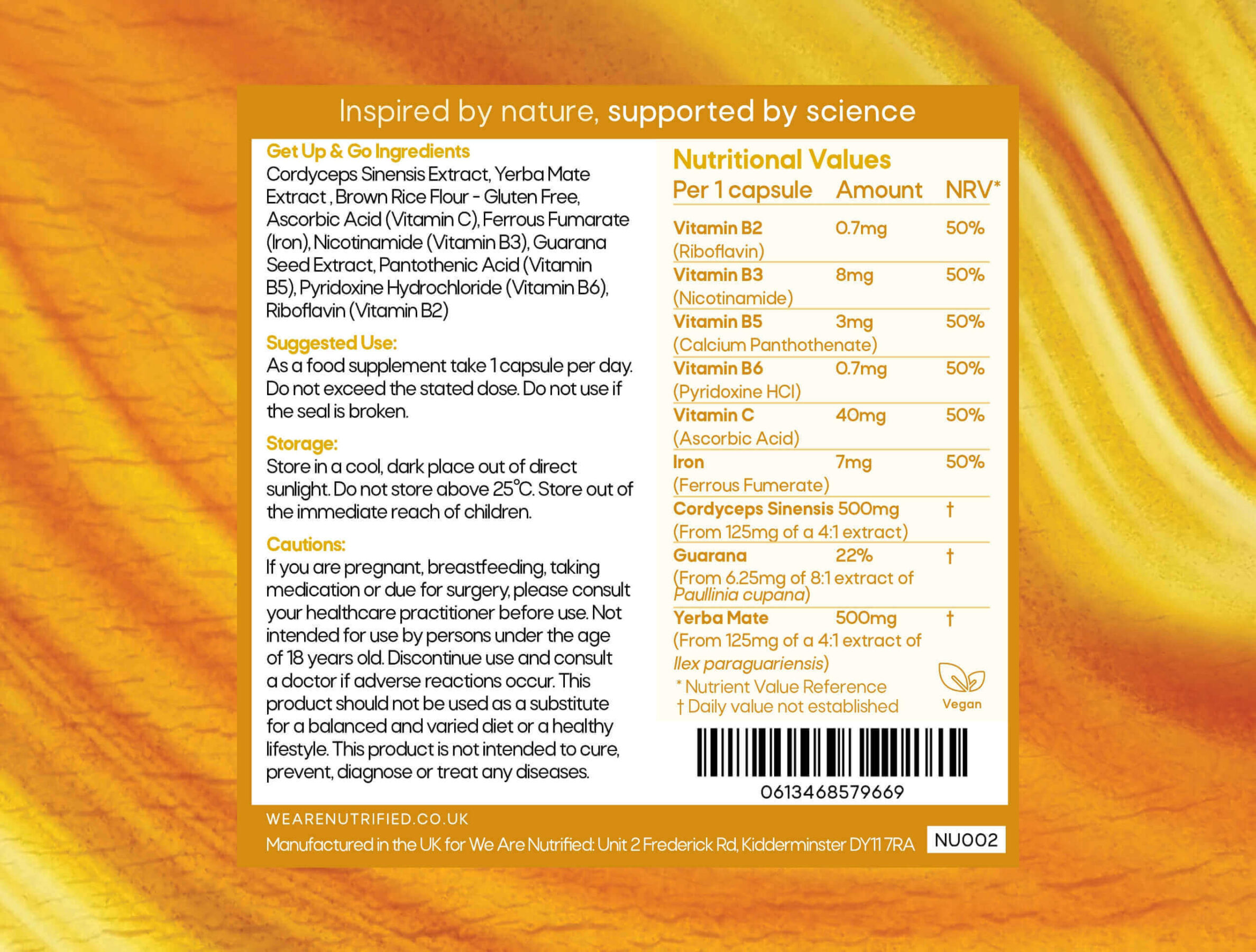 Get up and Go Vegan supplement nutritional information on yellow background