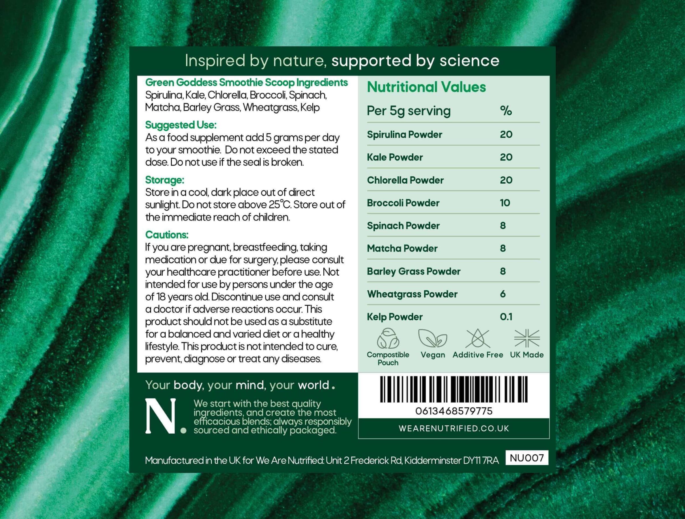 Nutritional Label for Green Goddess Smoothie Scoop Powder